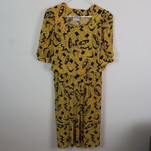 Vintage 80s Yellow Dress Womens Size 12 JB Too Abstract Midi Geometric Flowy